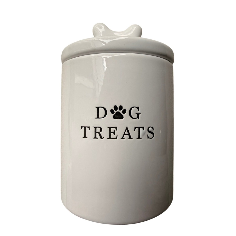 Barnyard Designs White Ceramic Dog Treat Canister Jar with Bone Handle Lid‎